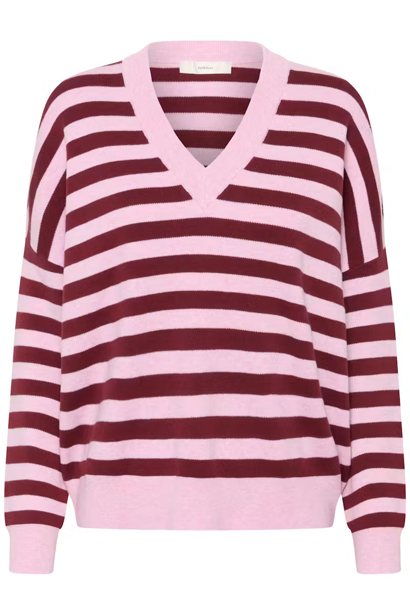 FOSTERIW V NECK KNIT in Pink + Zinfandel Stripe by Inwear