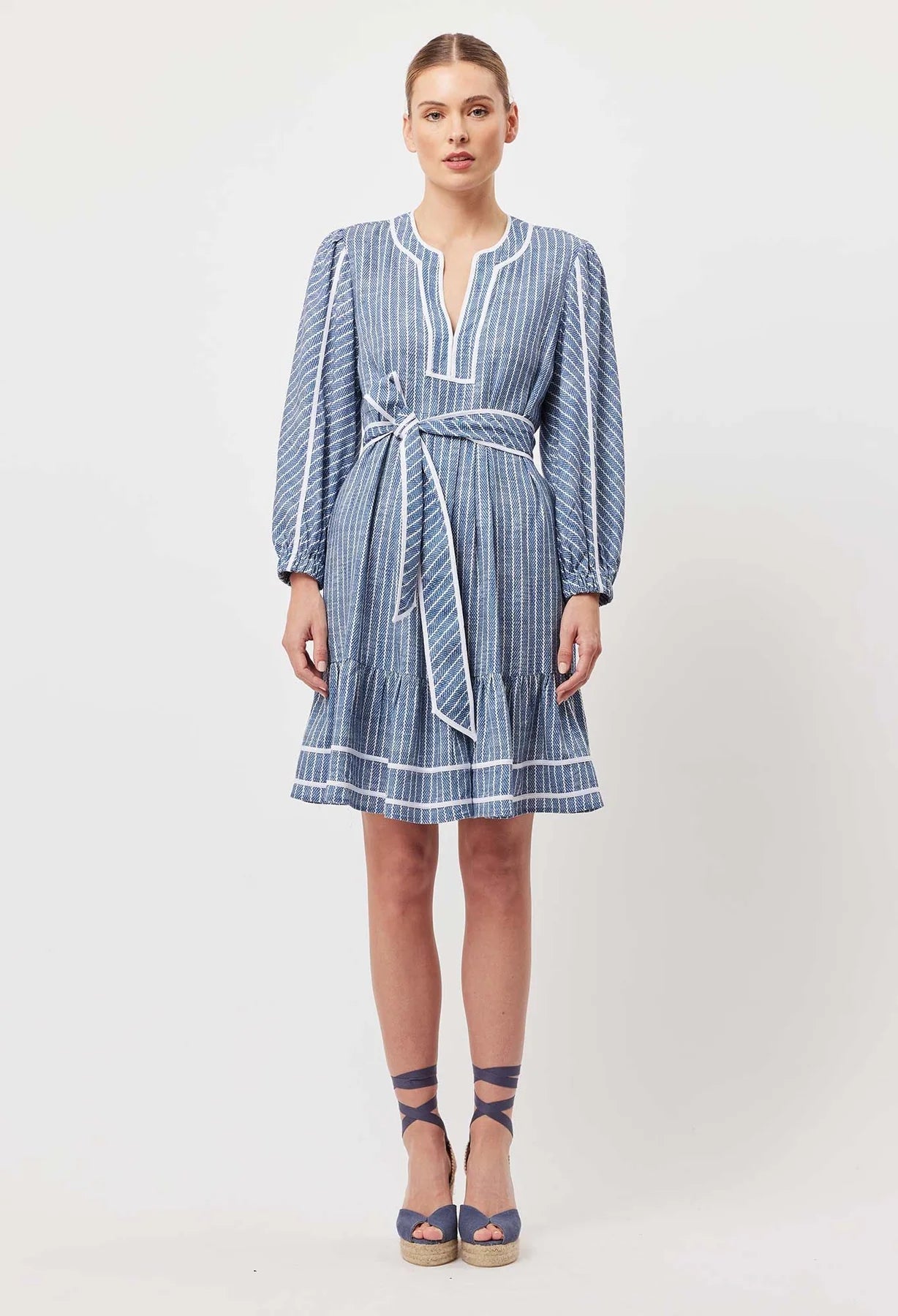 ANTIGUA LINEN VISCOSE BABYDOLL DRESS in Del Mar Stripe from Oncewas