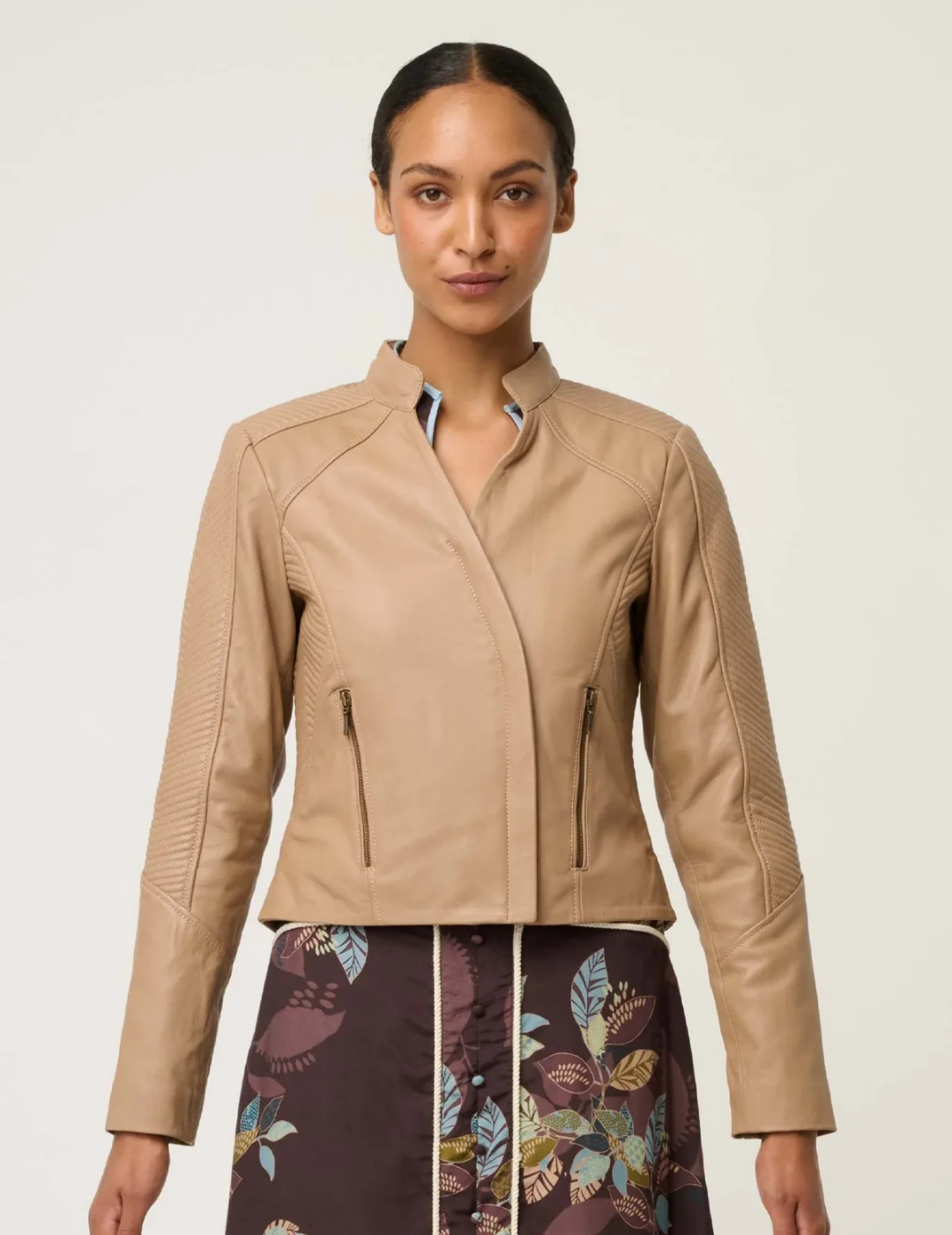 BLAIRE LEATHER HERRINGBONE STITCH JACKET in Wheat by OnceWas