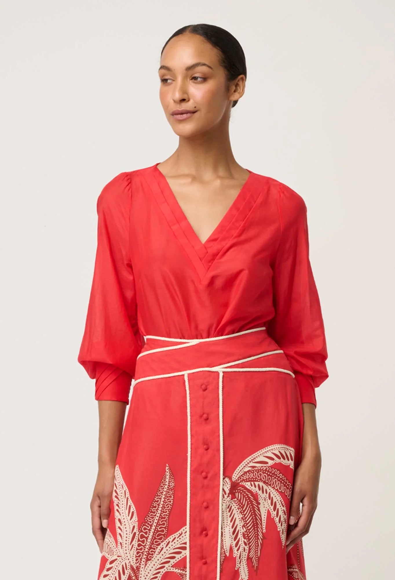 Calissa Cotton Silk V-Neck Blouse in Crimson by OnceWas