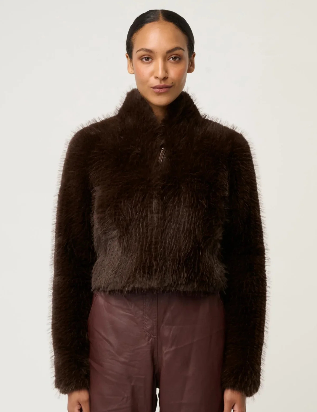 DAWN FAUX FUR CROPPED JACKET in Walnut by OnceWas