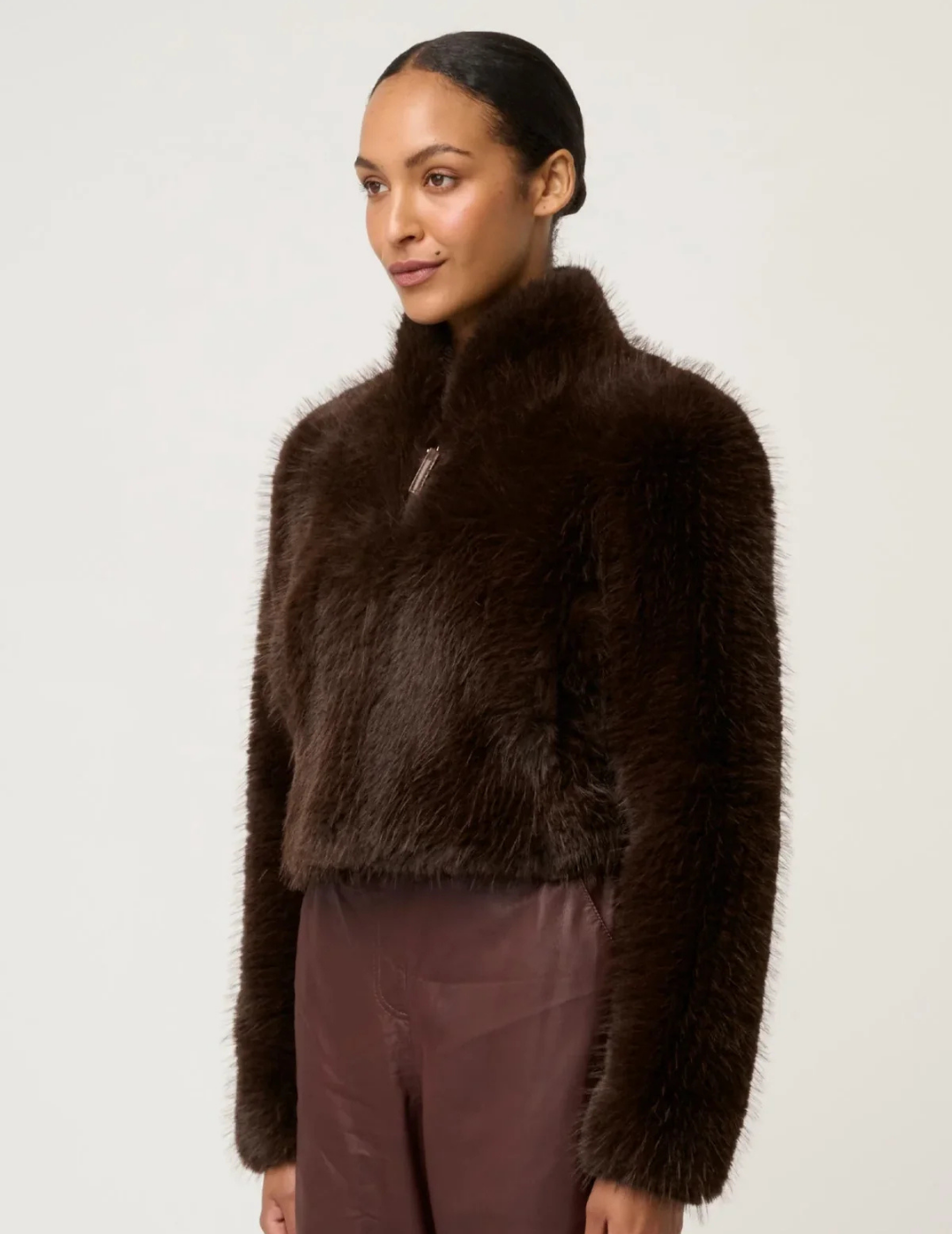 DAWN FAUX FUR CROPPED JACKET in Walnut by OnceWas