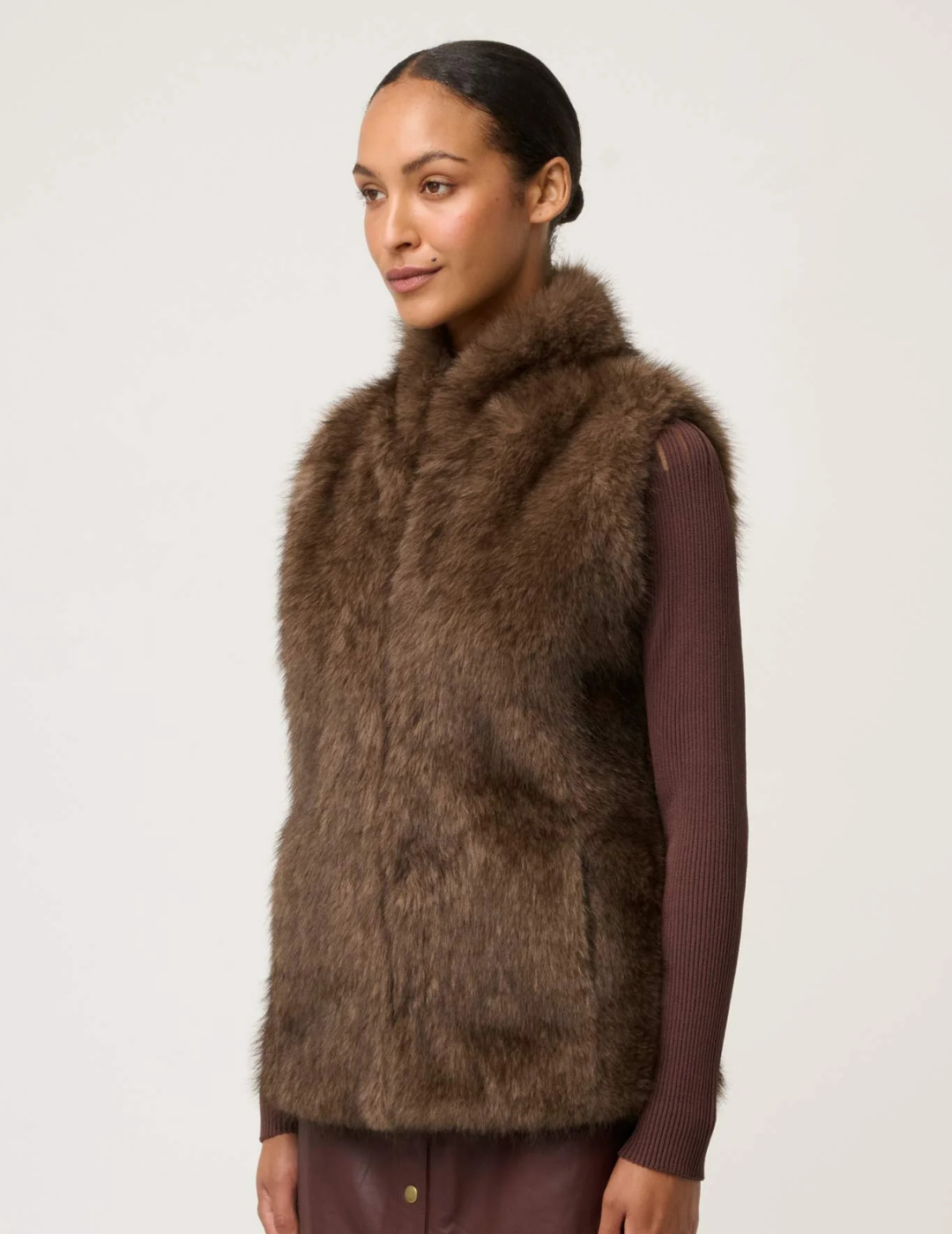 HAZEL FAUX FUR VEST in Walnut by OnceWas