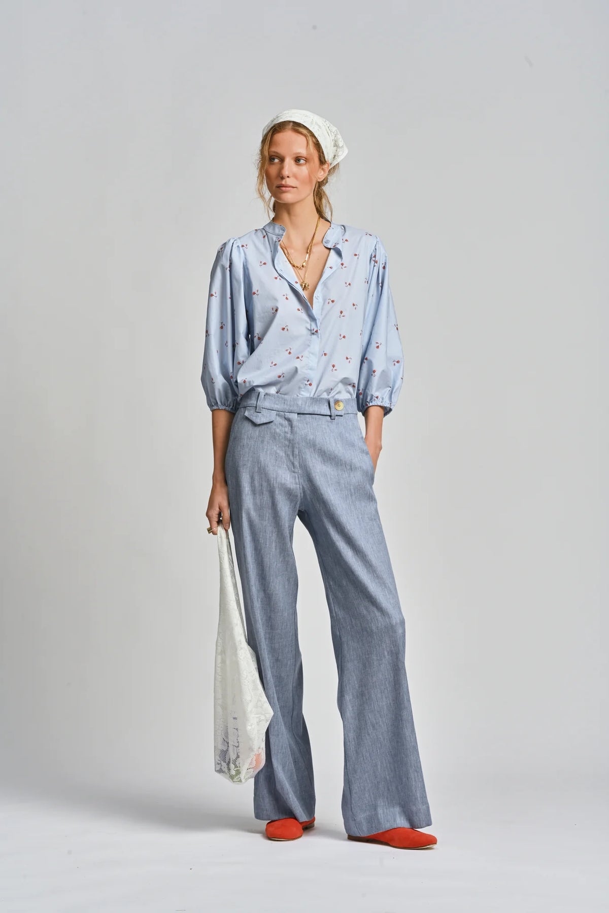 LE CAFE CURTAIN ROSEBUD SHIRT in Bluebell from Le Stripe
