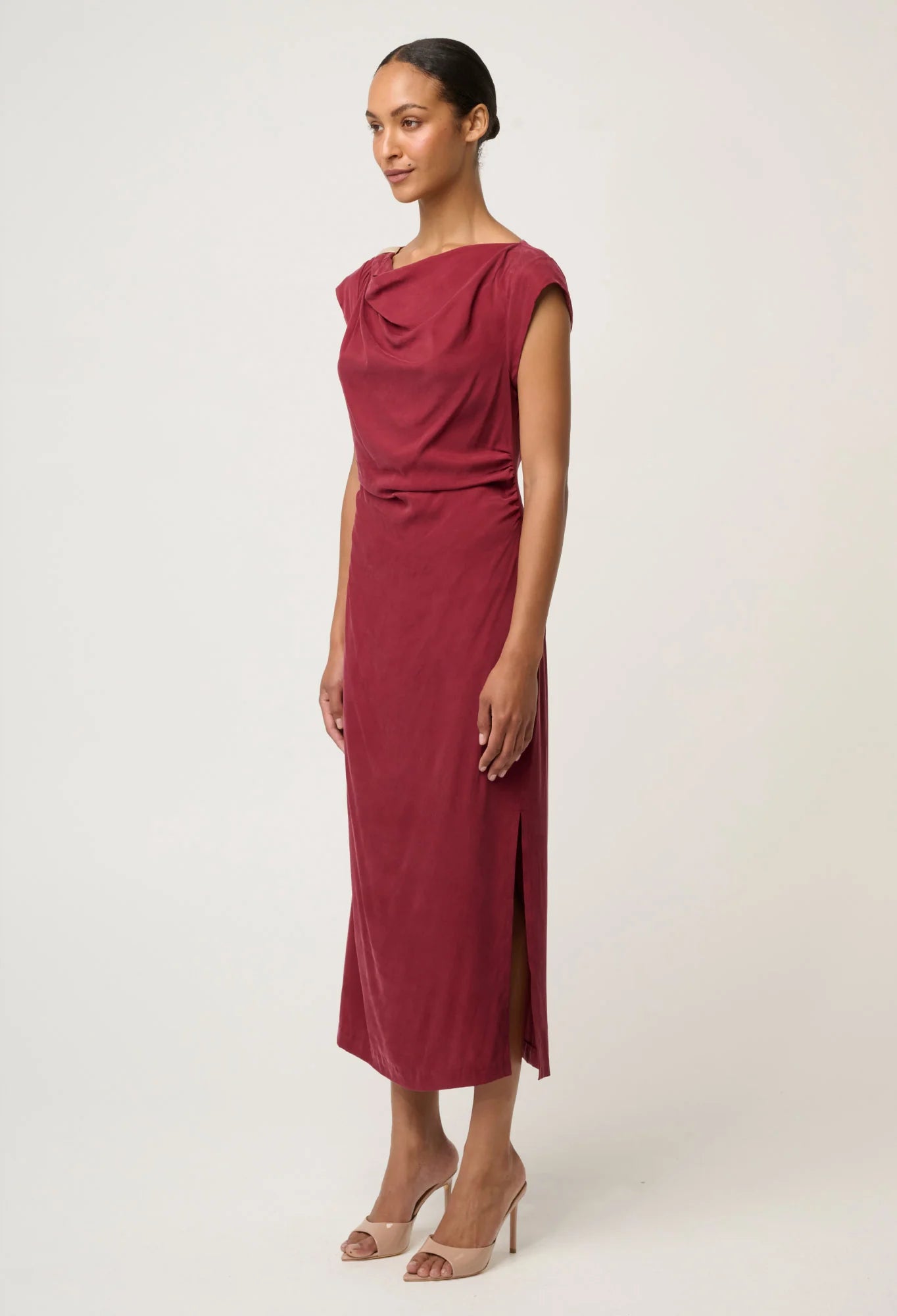 Monique Draped Neck Cupro Viscose Stretch Gold Column Dress in Ruby by OnceWas