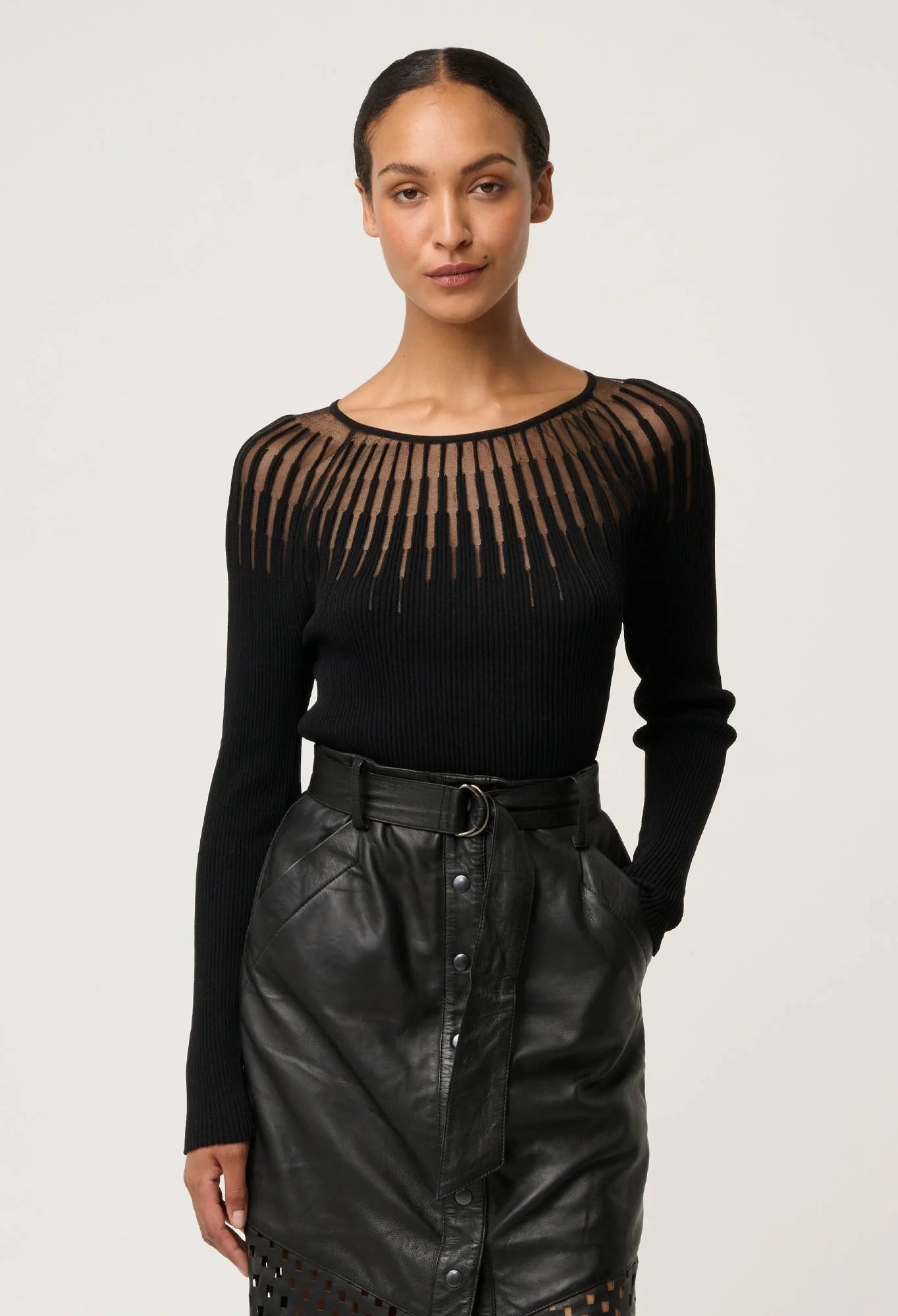 RHIANNON SHEER KNIT TOP in Black from Oncewas