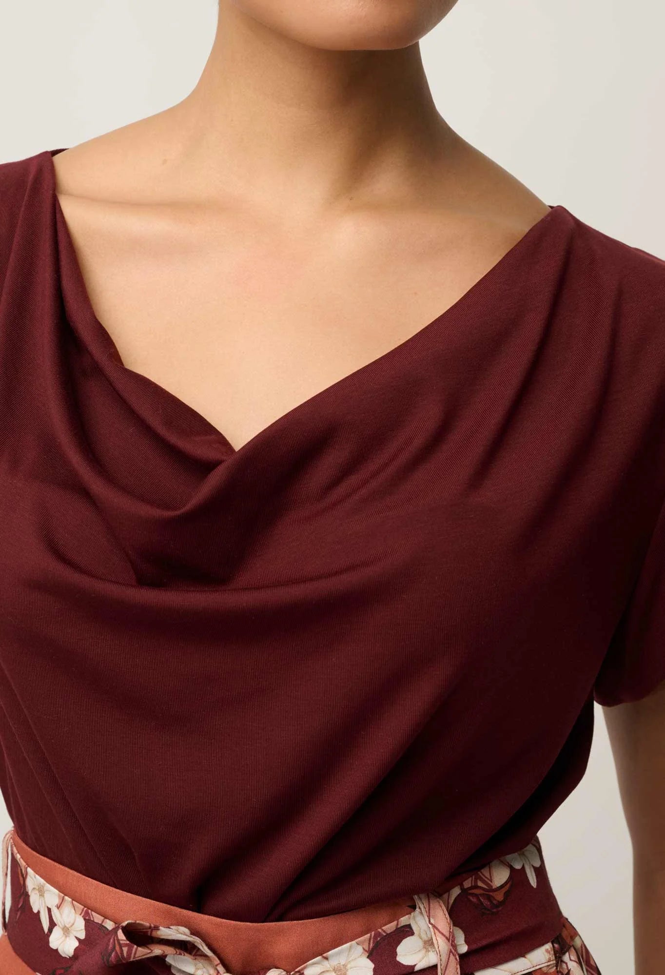 MARISOL COWL NECK CAP SLEEVE TOP in Rosewood from Oncewas