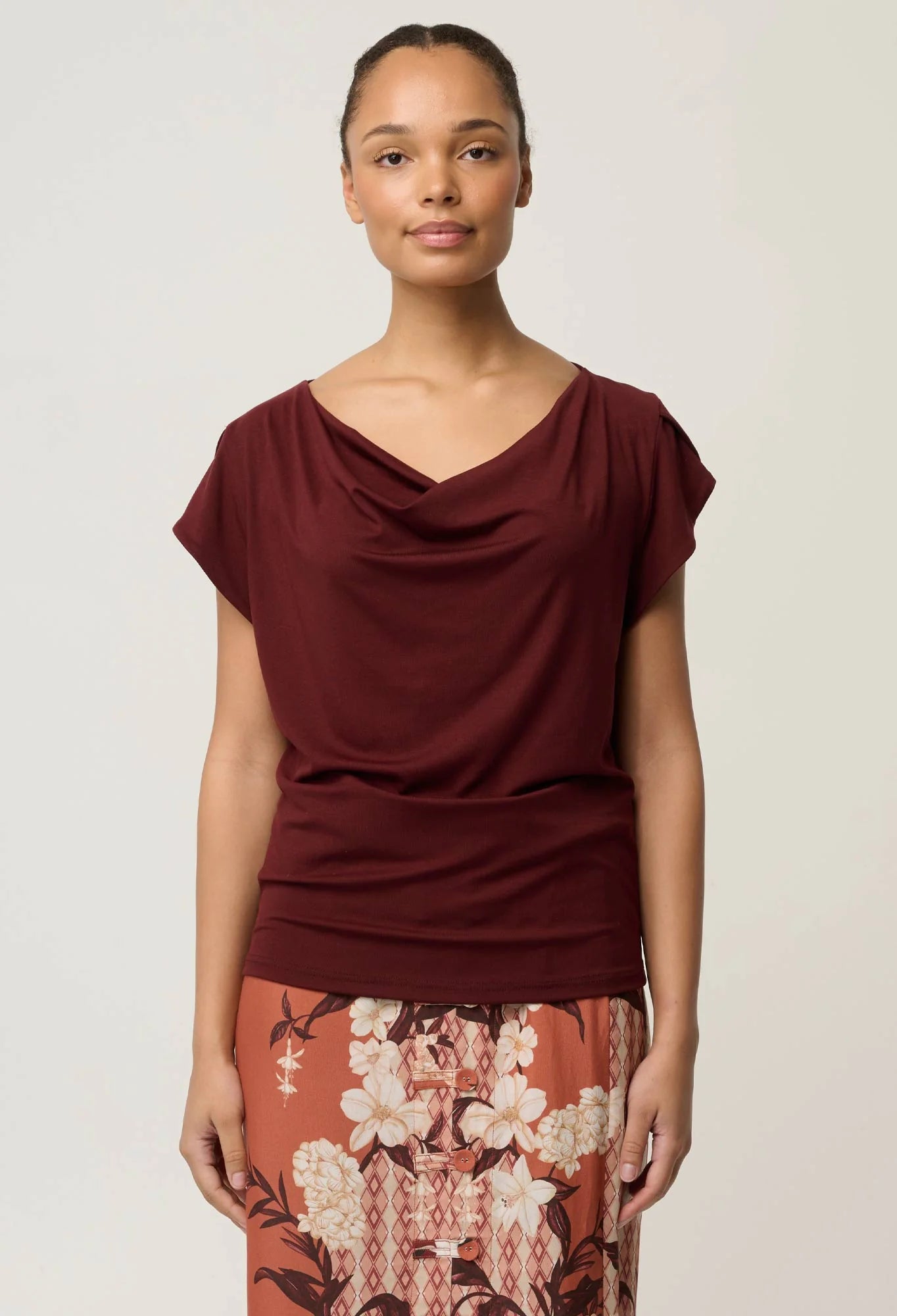 MARISOL COWL NECK CAP SLEEVE TOP in Rosewood from Oncewas