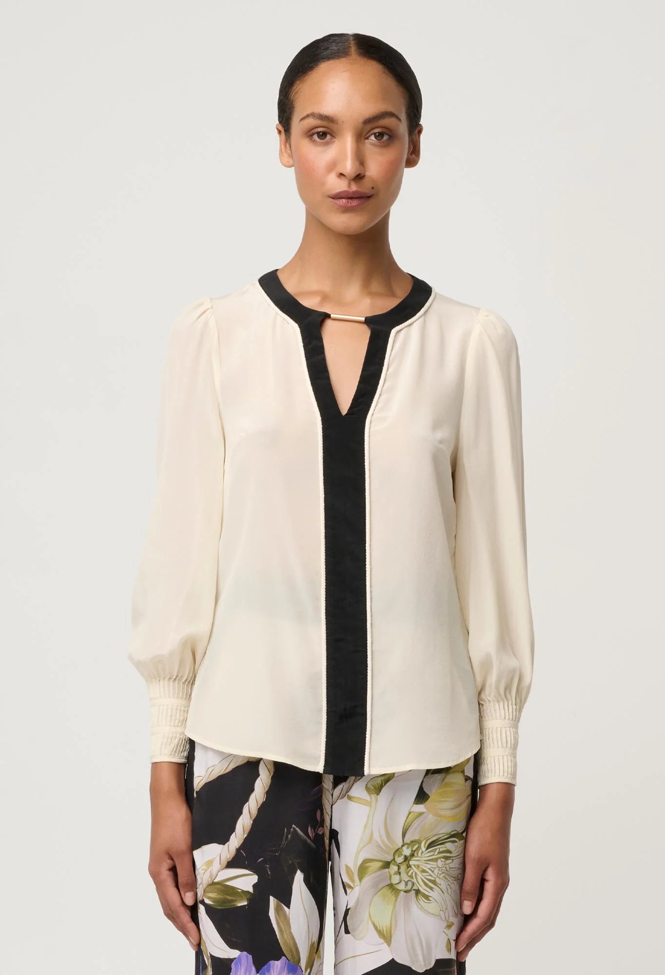IRIS PLEATED CUFF SILK BLOUSE in Cloud from Oncewas