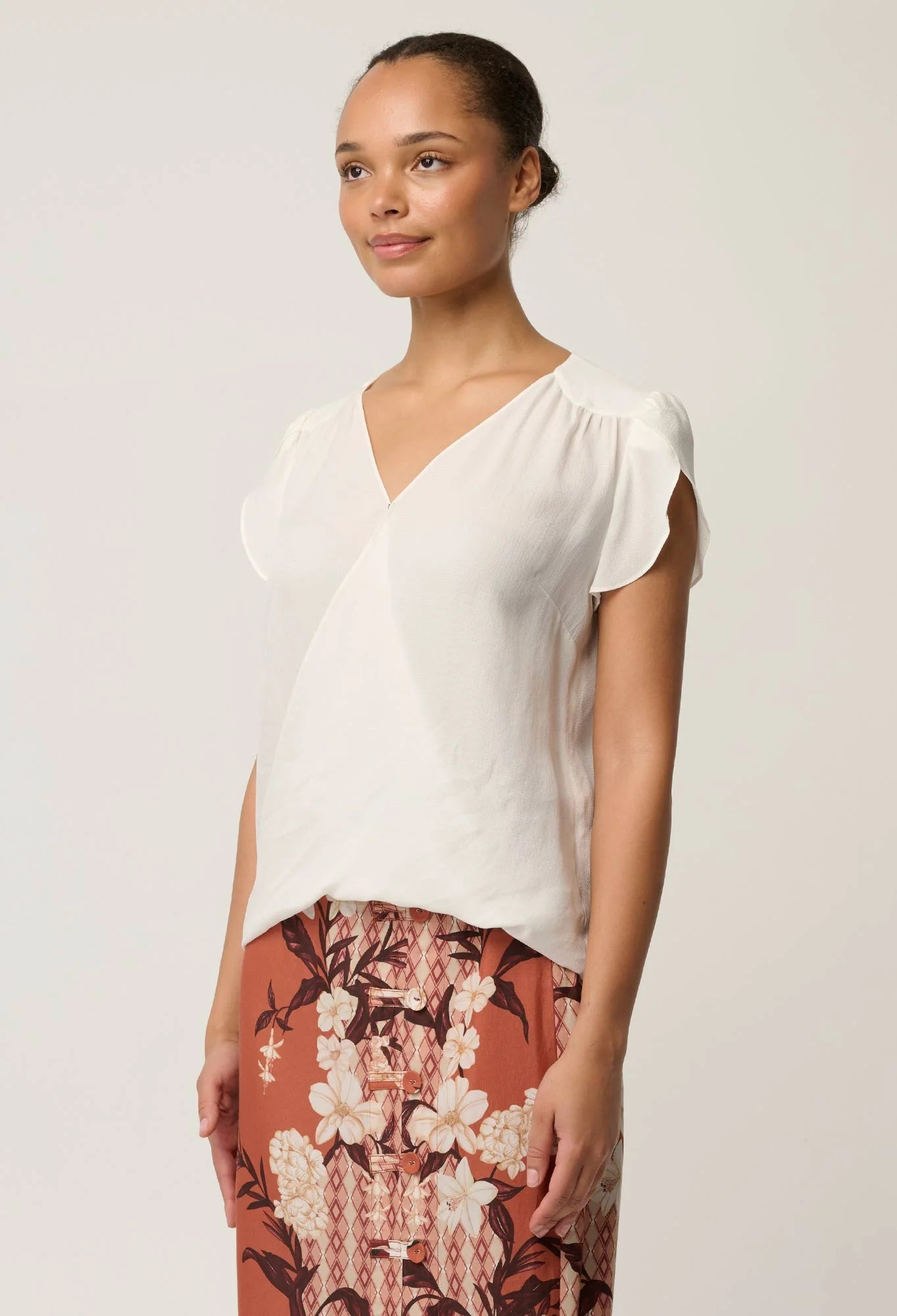 KASIA CUPRO CROSSOVER PETAL SLEEVE BLOUSE in White from Oncewas