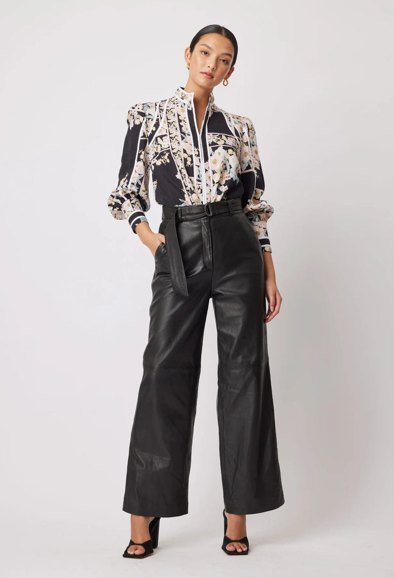 HALSTON LEATHER WIDE LEG PANT in Black from Oncewas