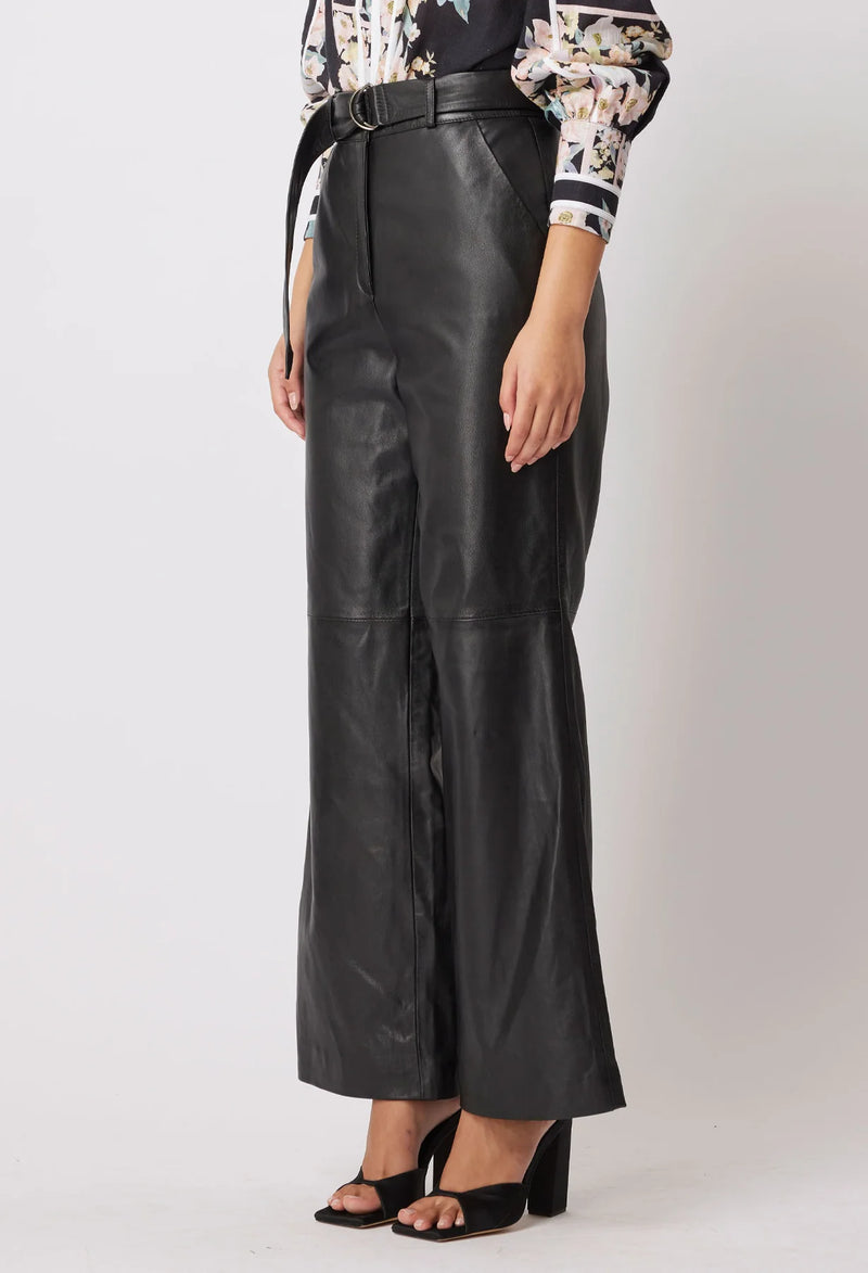 HALSTON LEATHER WIDE LEG PANT in Black from Oncewas
