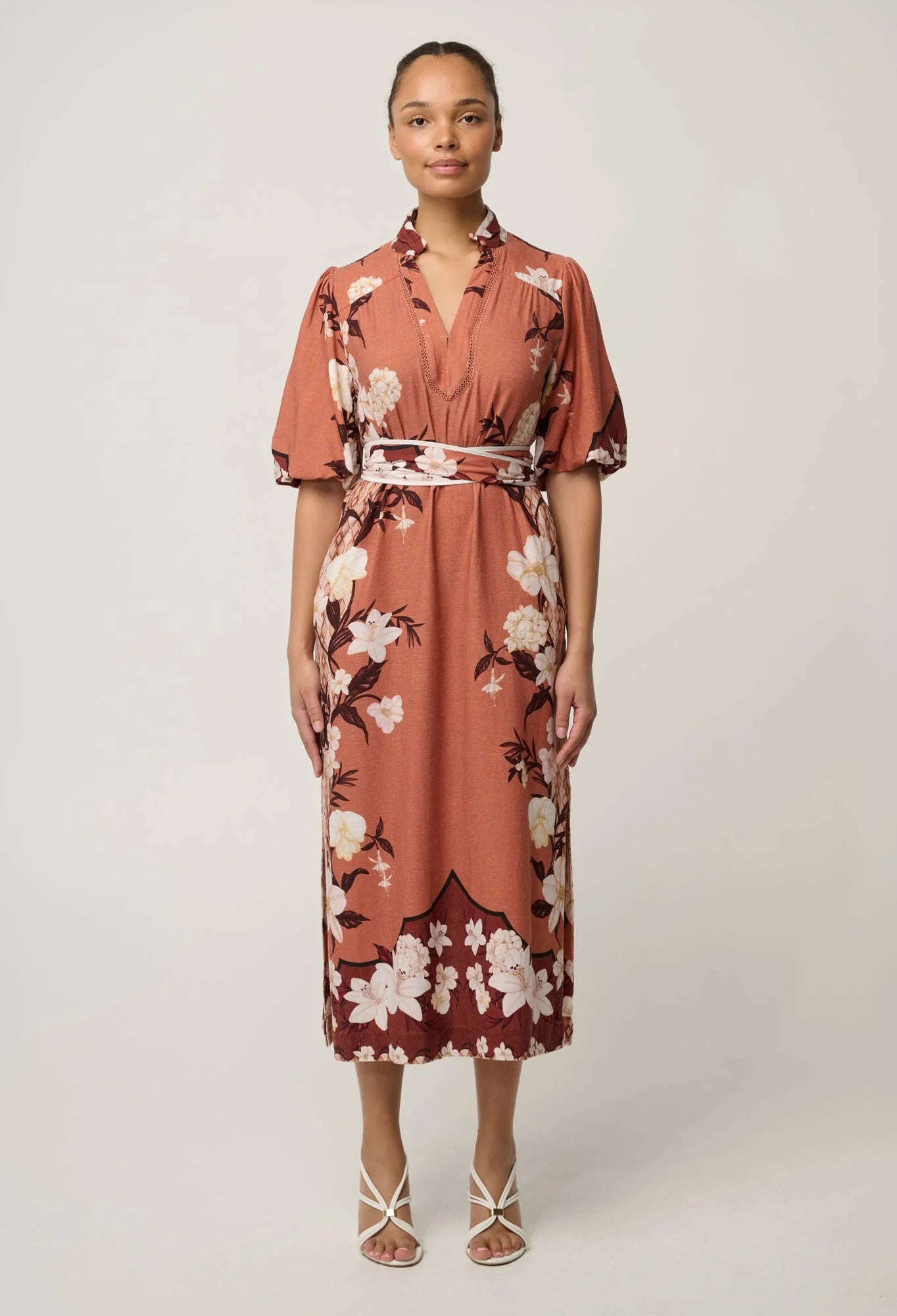 GISELA LINEN VISCOSE PRINTED COLUMN MIDI DRESS in Amber Vine from Oncewas
