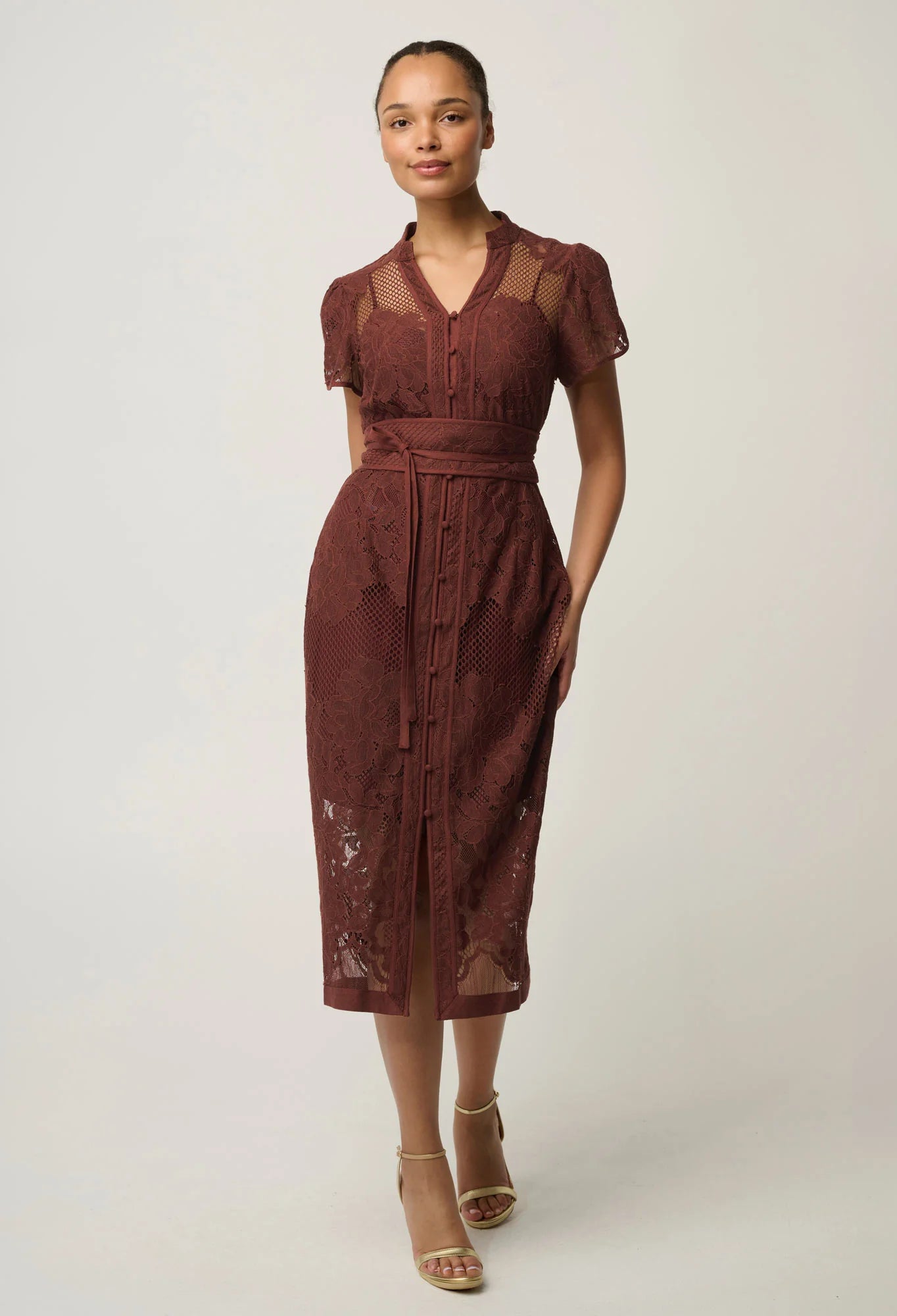 SOLENE COTTON BLEND PLACEMENT LACE DRESS in Rosewood from Oncewas