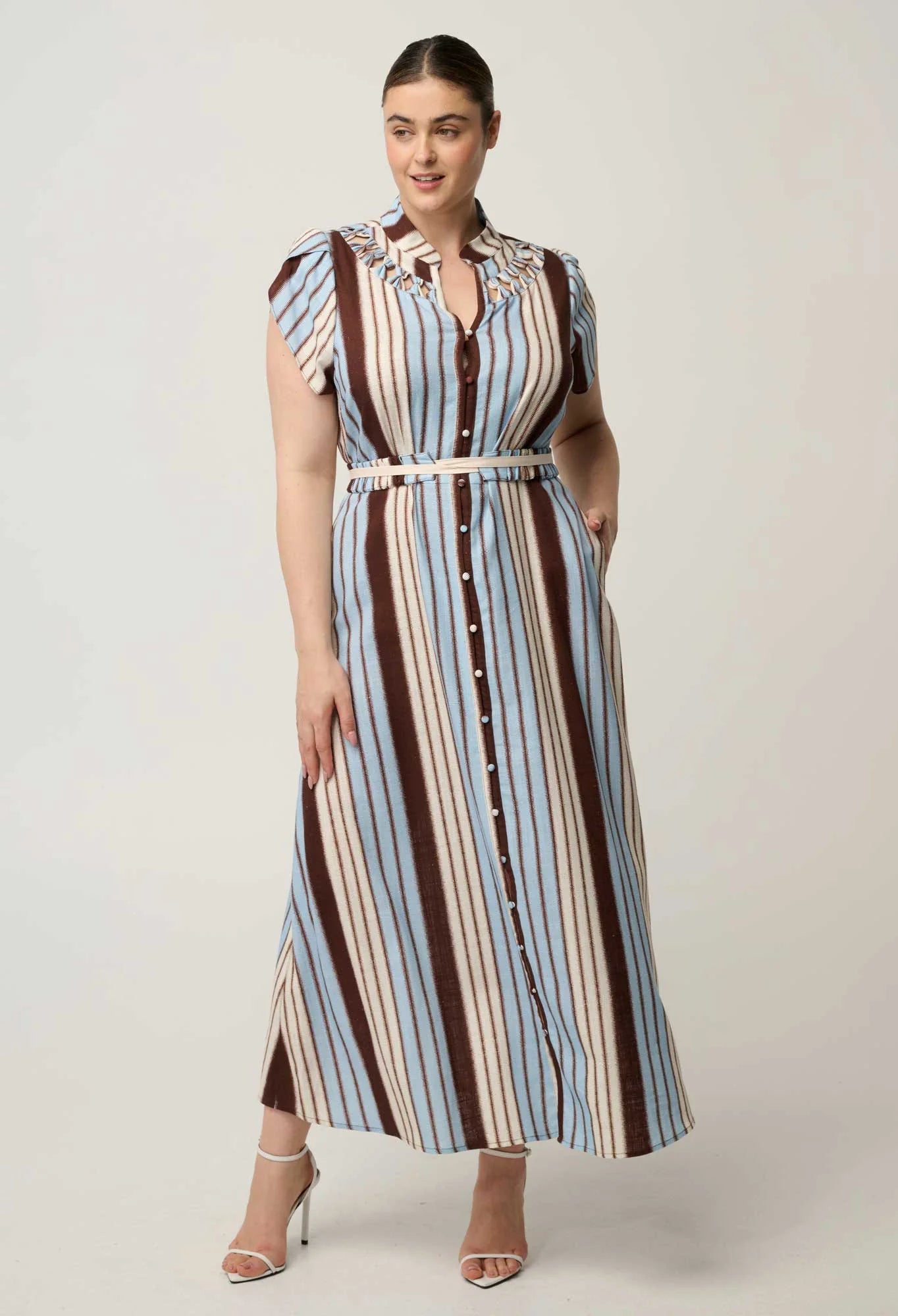 CATTLEYA LINEN VISCOSE SMOCK MAXI DRESS in Iridescent Stripe from Oncewas