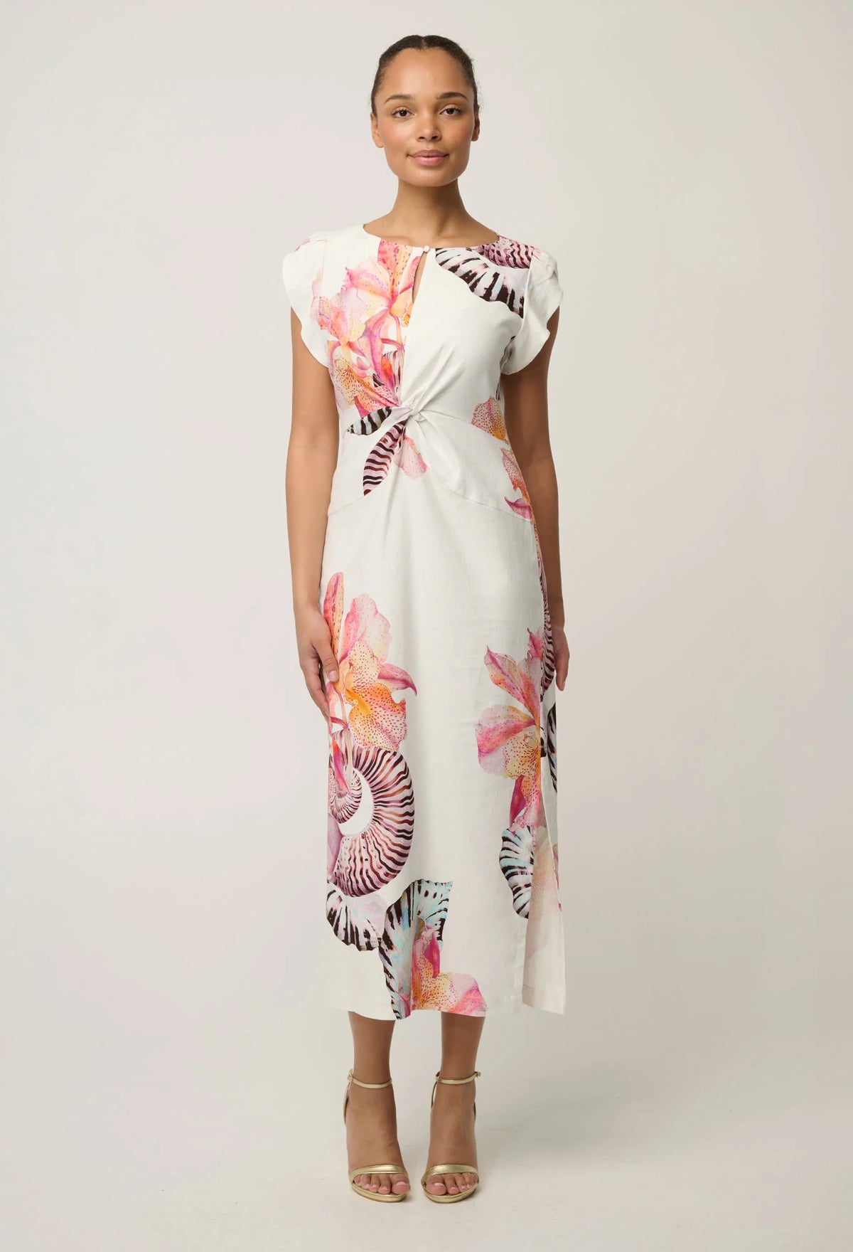 GENEVA STRETCH TWIST COLUMN MIDI DRESS in Nautilius from Oncewas