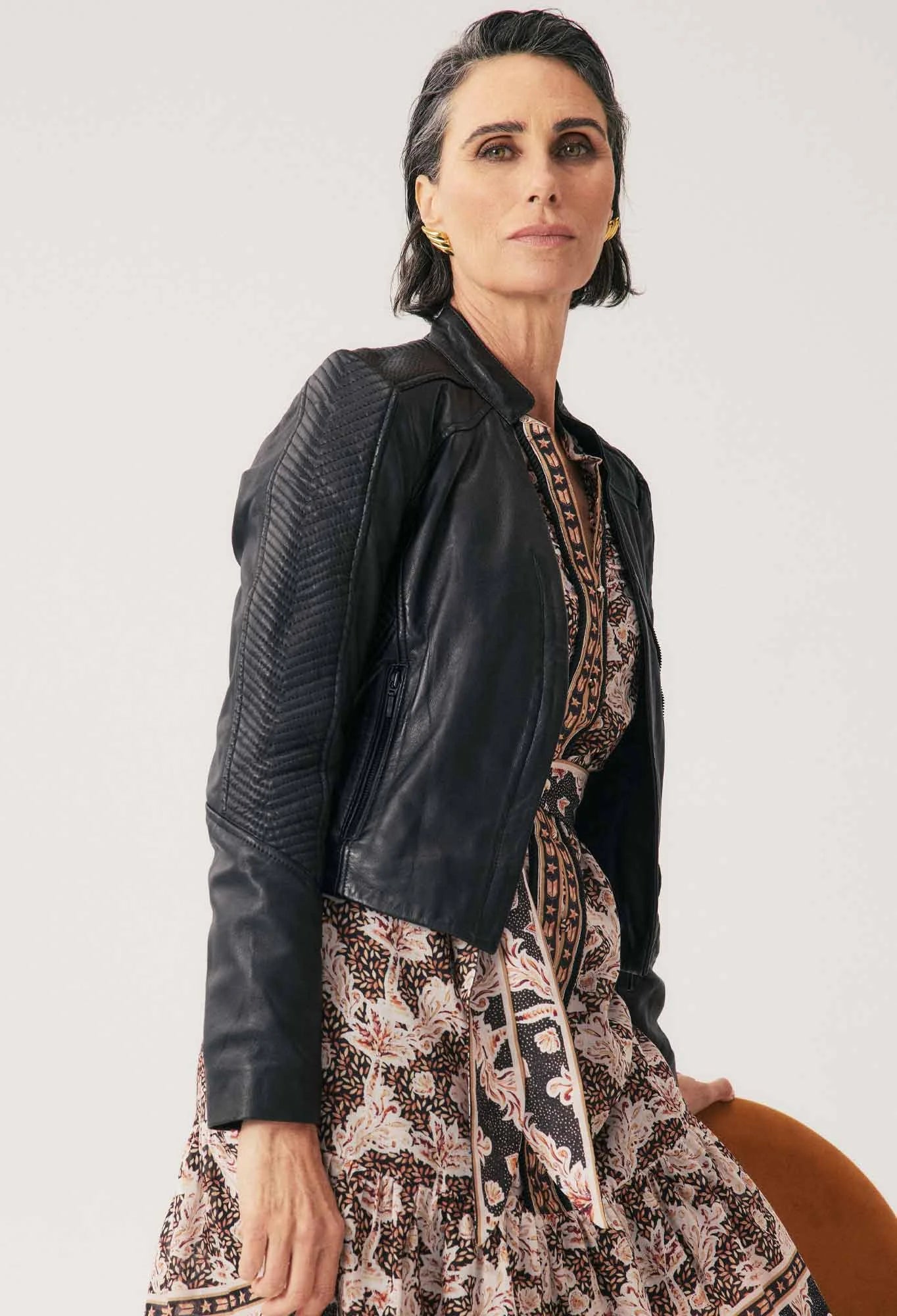 BLAIRE LEATHER HERRINGBONE STITCH JACKET in Black from Oncewas