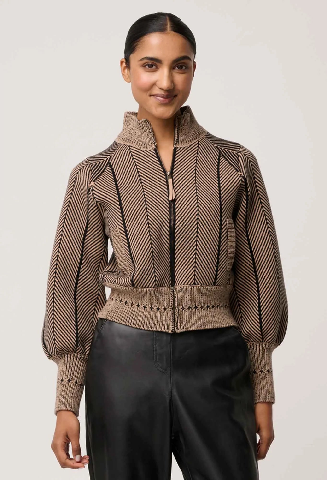 JEANNE WOOL BLEND KNIT BOMBER in Tan Chevron from OnceWas