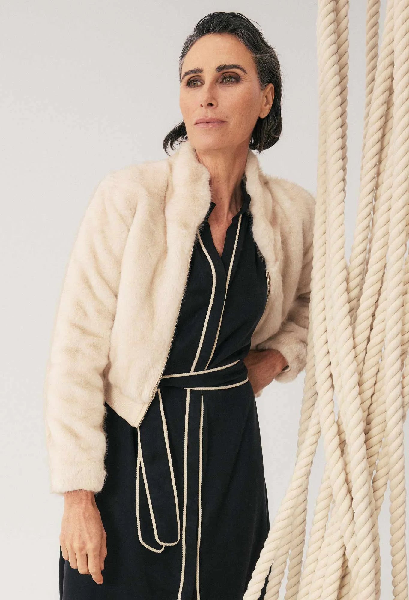 CHRYSTA FAUX FUR BOMBER in Porcelain from Oncewas