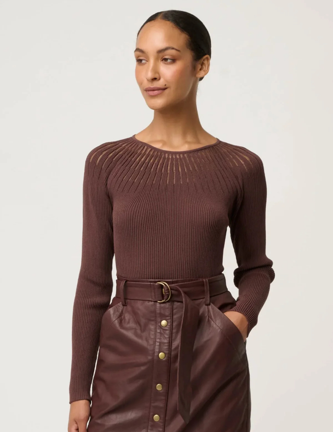 RHIANNON SHEER KNIT TOP in Mocha by OnceWas