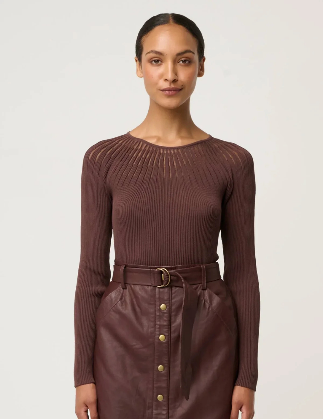 RHIANNON SHEER KNIT TOP in Mocha by OnceWas