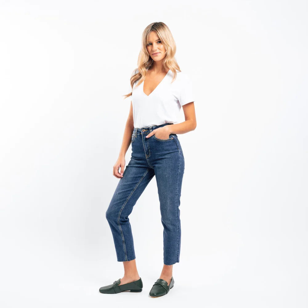 Kireina Australia Rose denim jean raw hem dad wash dark blue