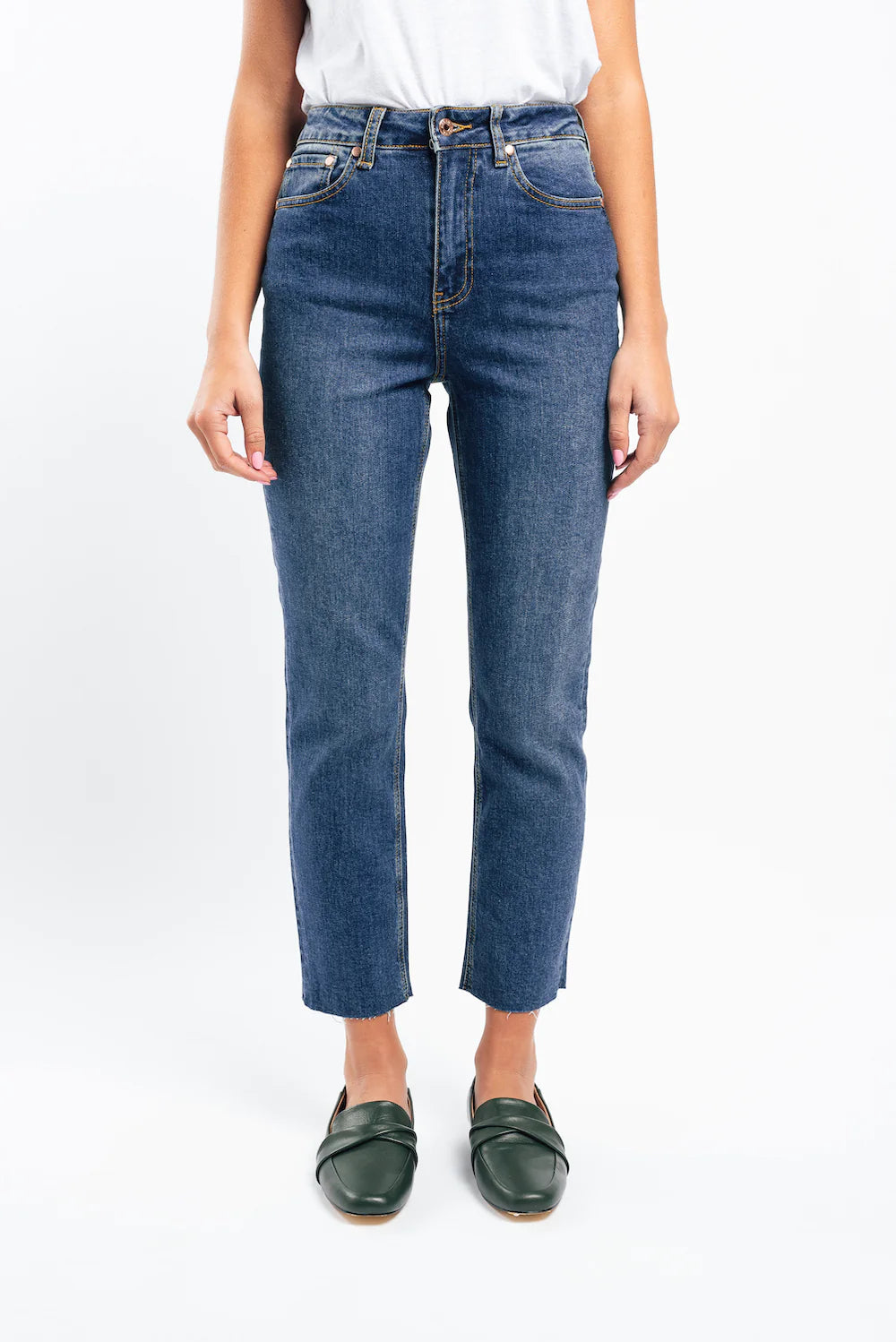Kireina Australia Rose denim jean raw hem dad wash dark blue