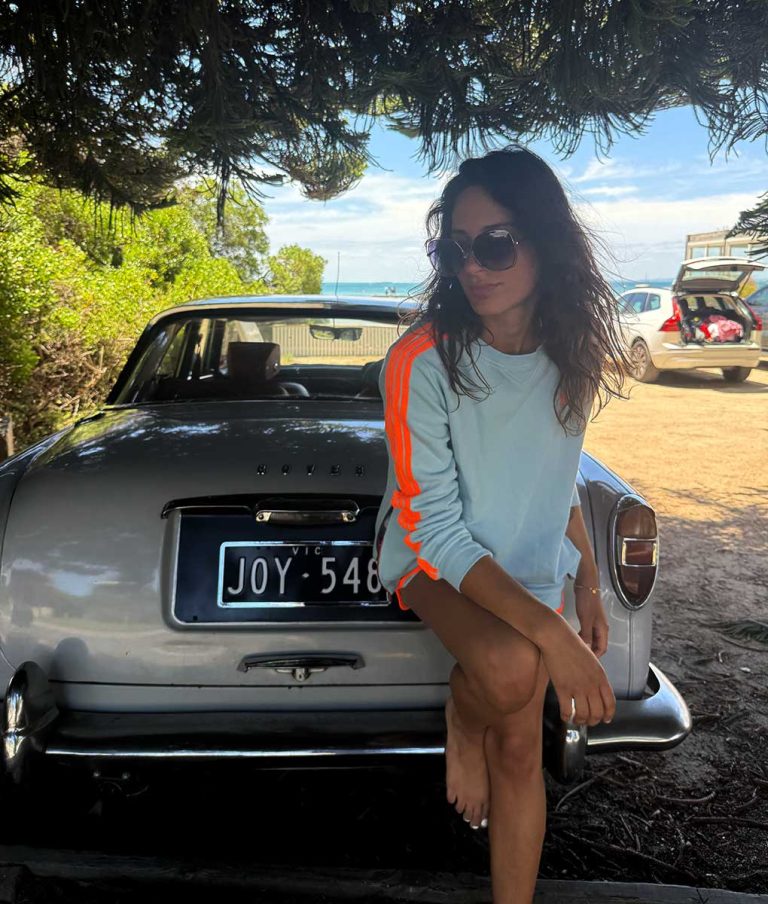ARM STRIPE SWEATSHIRT in Baby Blue + Orange from Sophie Moran