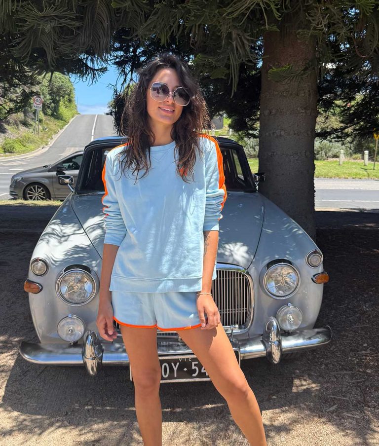 ARM STRIPE SWEATSHIRT in Baby Blue + Orange from Sophie Moran