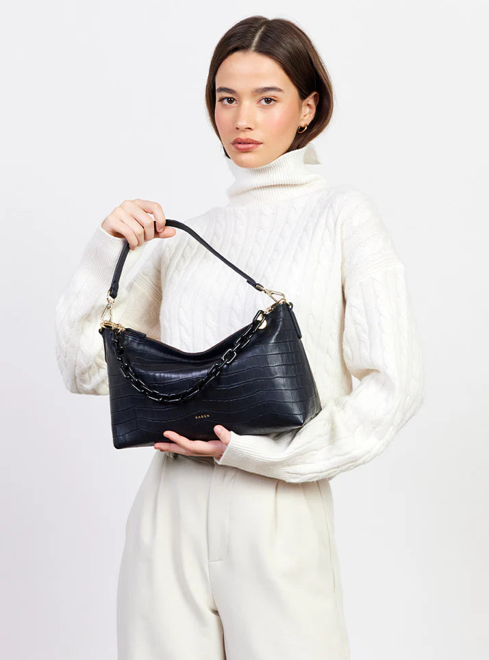 CLAUDIA SHOULDER BAG in Black Croc by Saben
