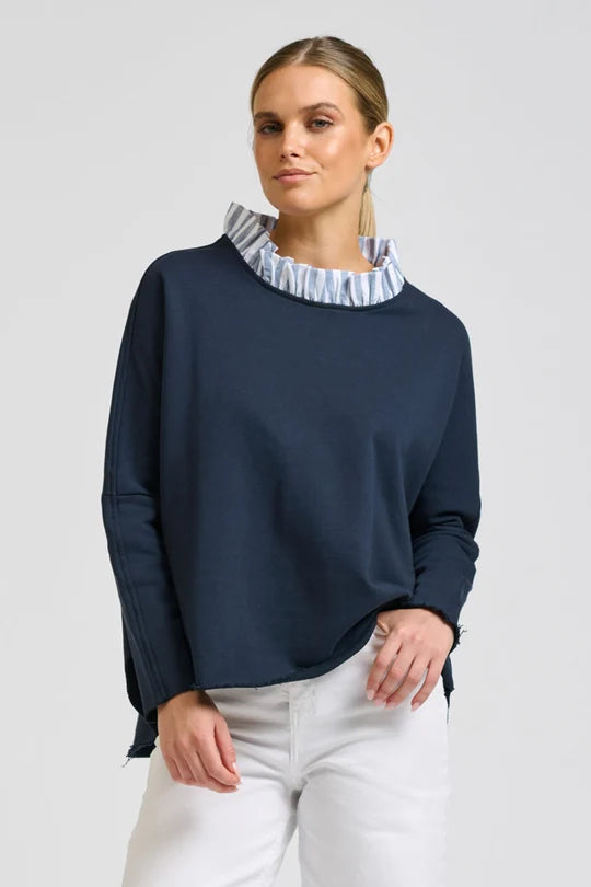 RAW FRILL COLLAR SWEATSHIRT in Navy + Stripe Collar by Shirty