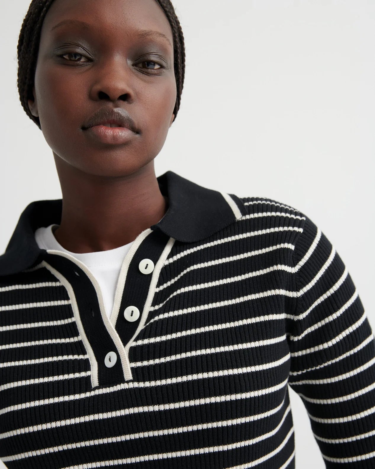 STRIPE POLO in Black Ecru Stripe by Kowtow
