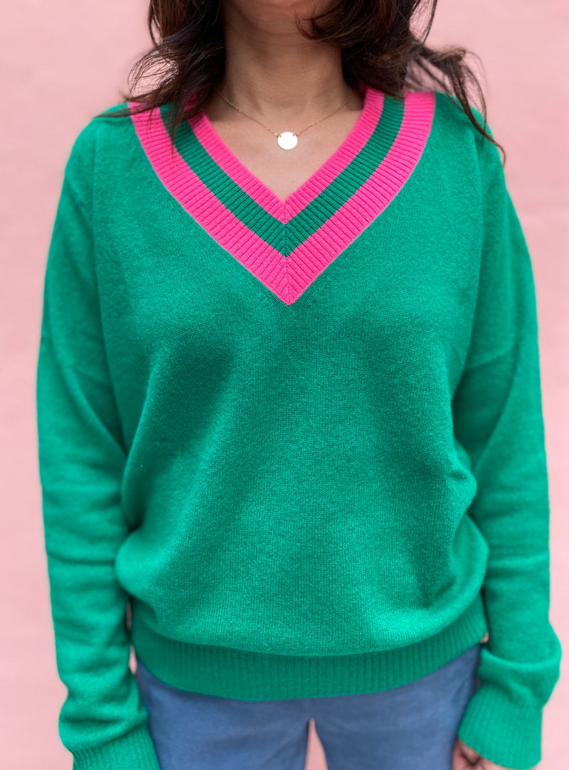 BAILEY V NECK SWEATER | Imperial  + Rose Fluo