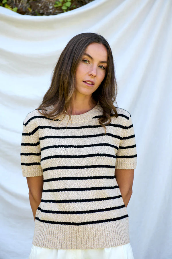 STRIPE KNIT TEE in Oat + Black from Maxted