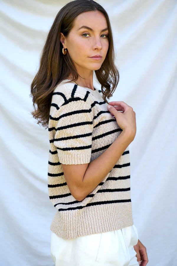 STRIPE KNIT TEE in Oat + Black from Maxted