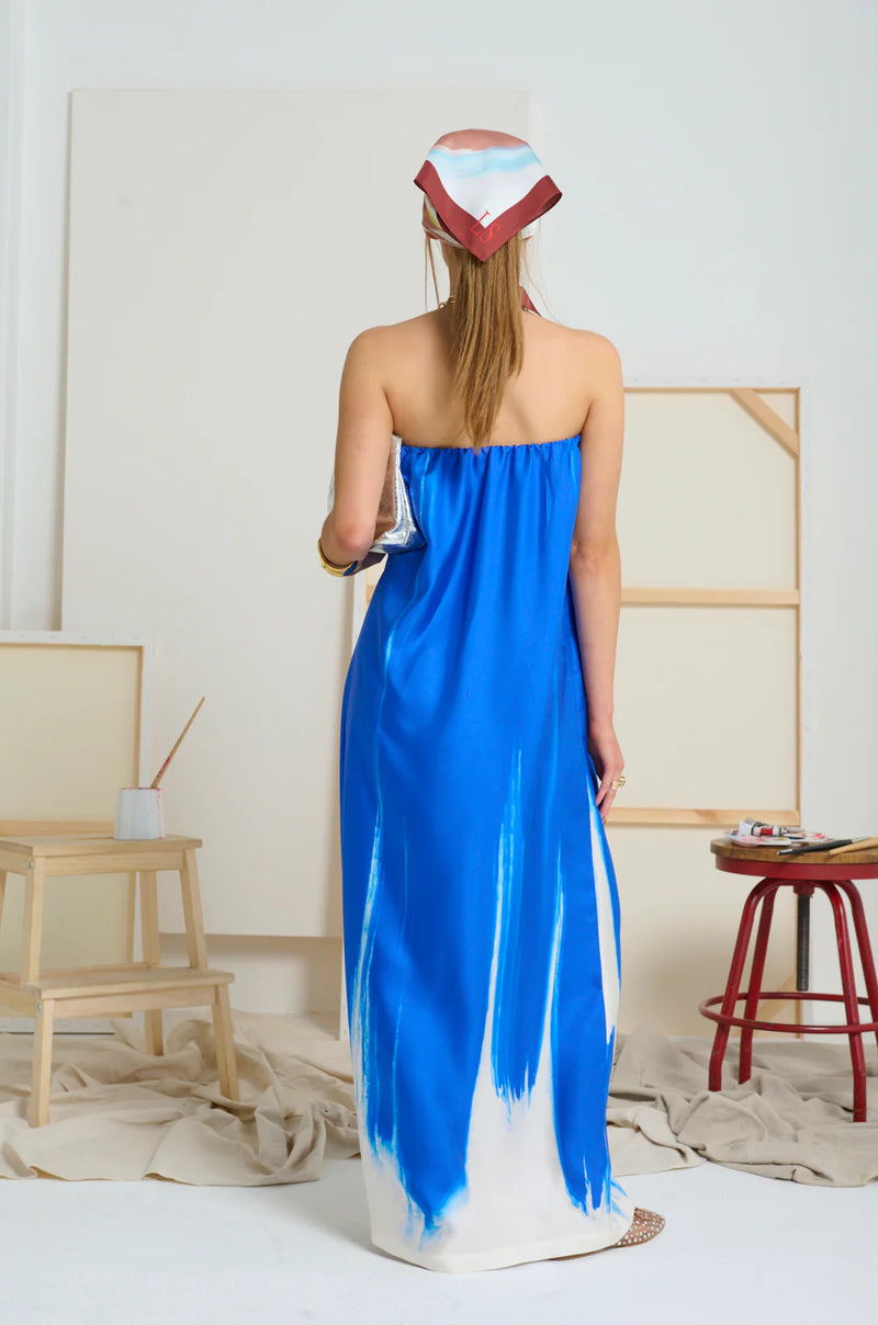 LE SILK ART STRAPLESS DRESS in Yves Klein Blue  from Le Stripe