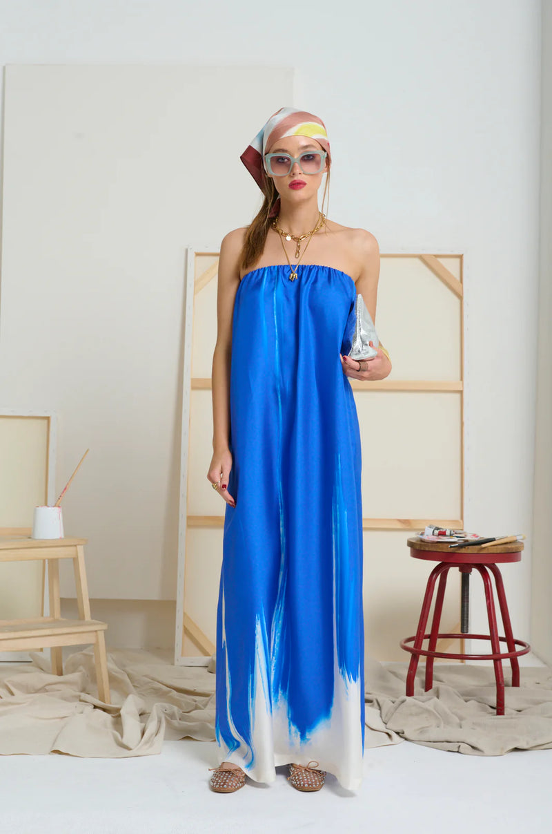 LE SILK ART STRAPLESS DRESS in Yves Klein Blue  from Le Stripe