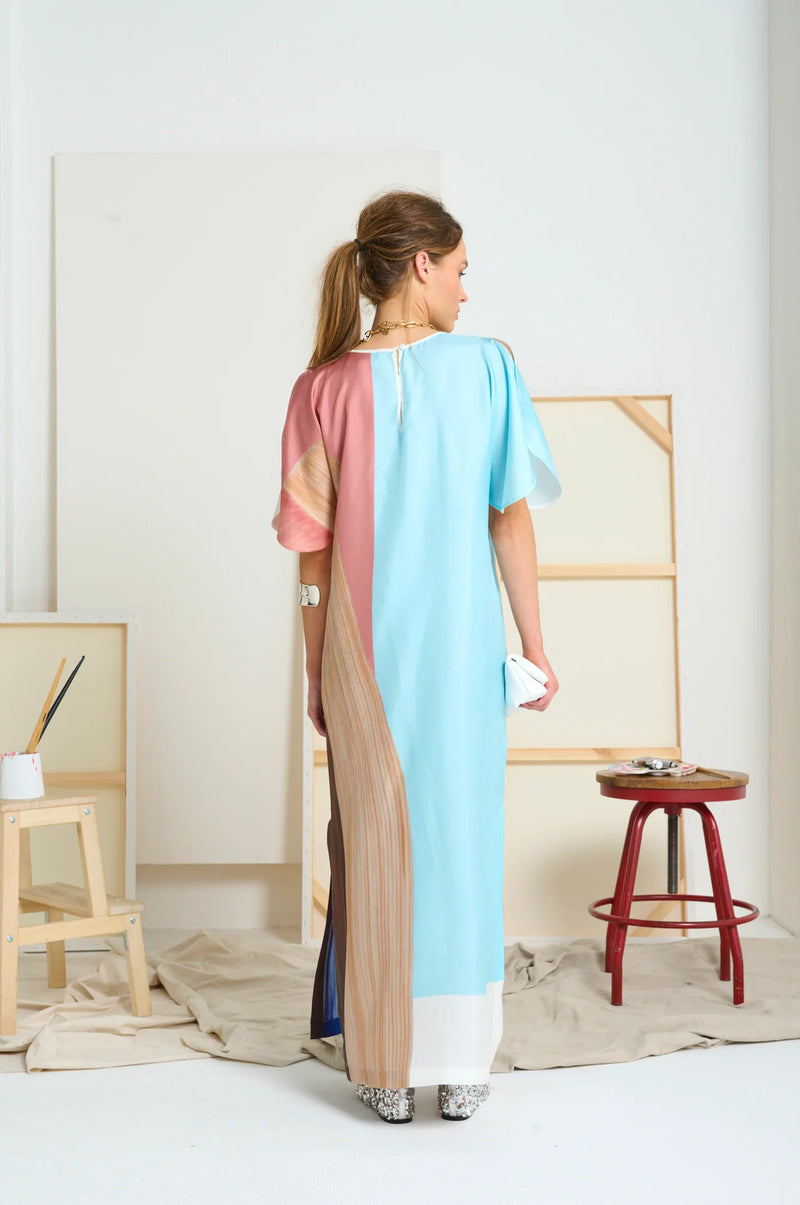 LE SILK CAPELET SLEEVE ART DRESS in Multi Colour from Le Stripe