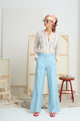 LE SILK SLUB PANT in Ciel Blue from Le Stripe