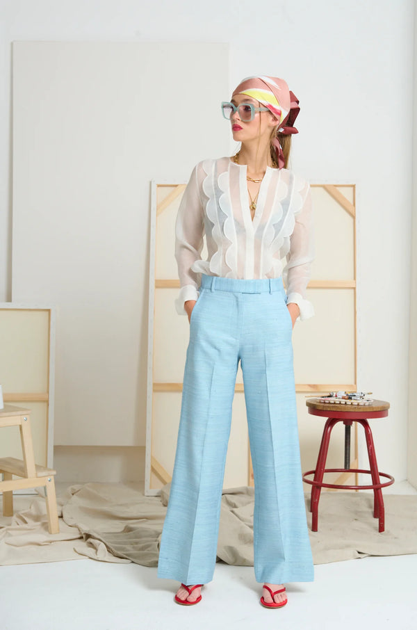 LE SILK SLUB PANT in Ciel Blue from Le Stripe