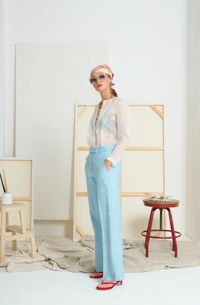 LE SILK SLUB PANT in Ciel Blue from Le Stripe