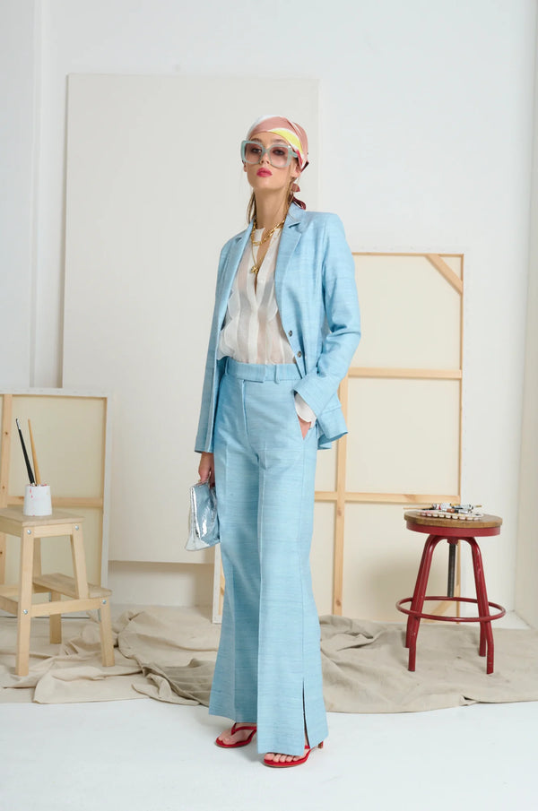 LE SILK SLUB PANT in Ciel Blue from Le Stripe