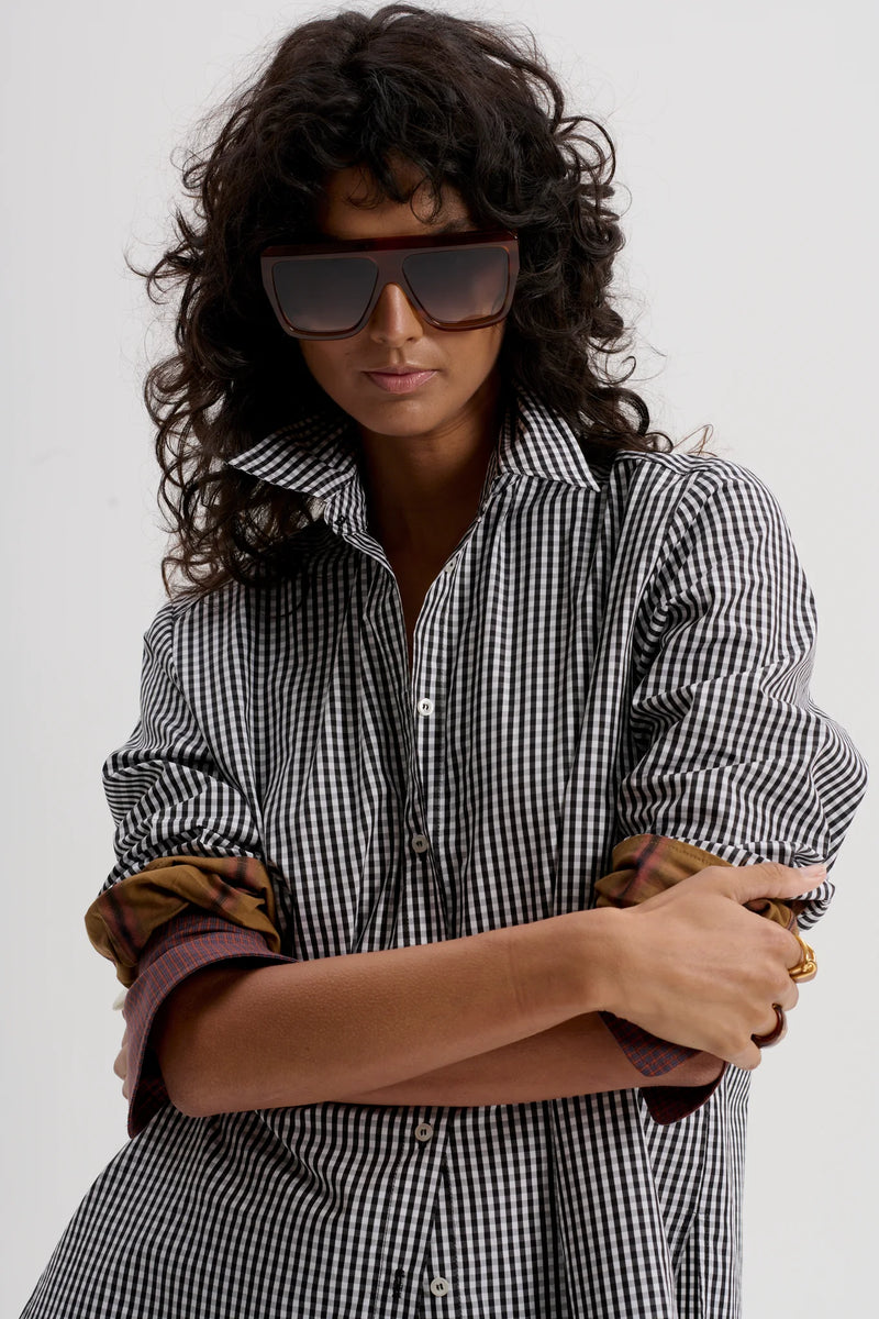 GINGHAM SHIRT WITH MIXED CUFFS | Black + White