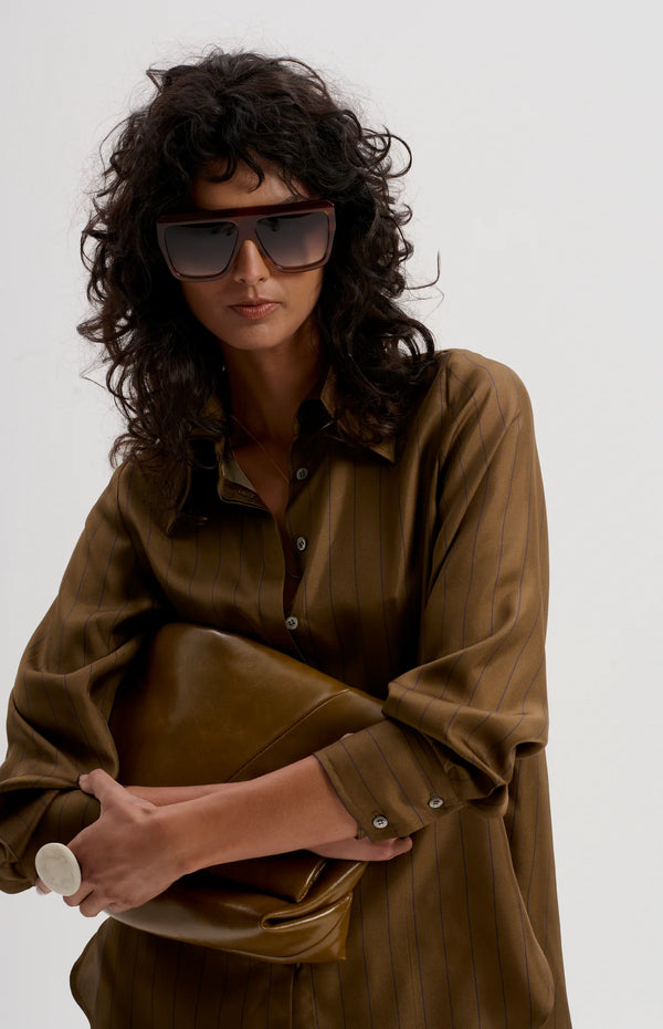 LE SILK TWILL PINSTRIPE SHIRT in Tobacco from Le Stripe