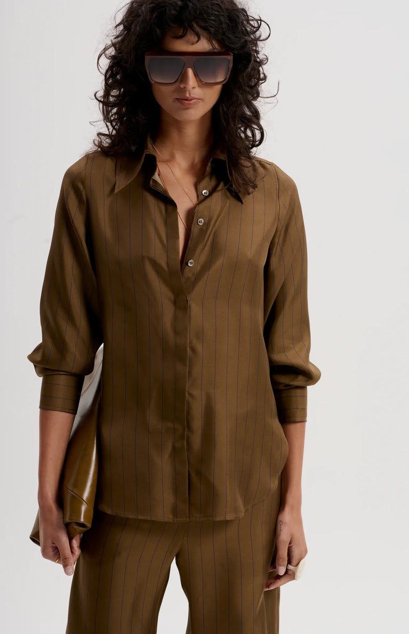LE SILK TWILL PINSTRIPE SHIRT in Tobacco from Le Stripe