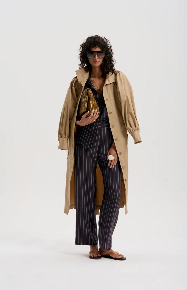 LE SILK TWILL PINSTRIPE PANT in Navy from Le Stripe