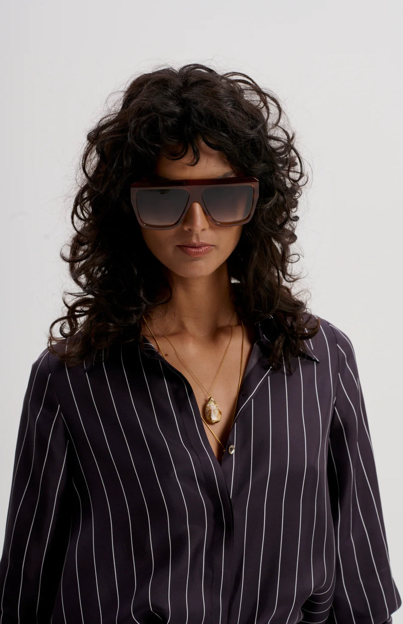 LE SILK TWILL PINSTRIPE SHIRT in Navy from Le Stripe