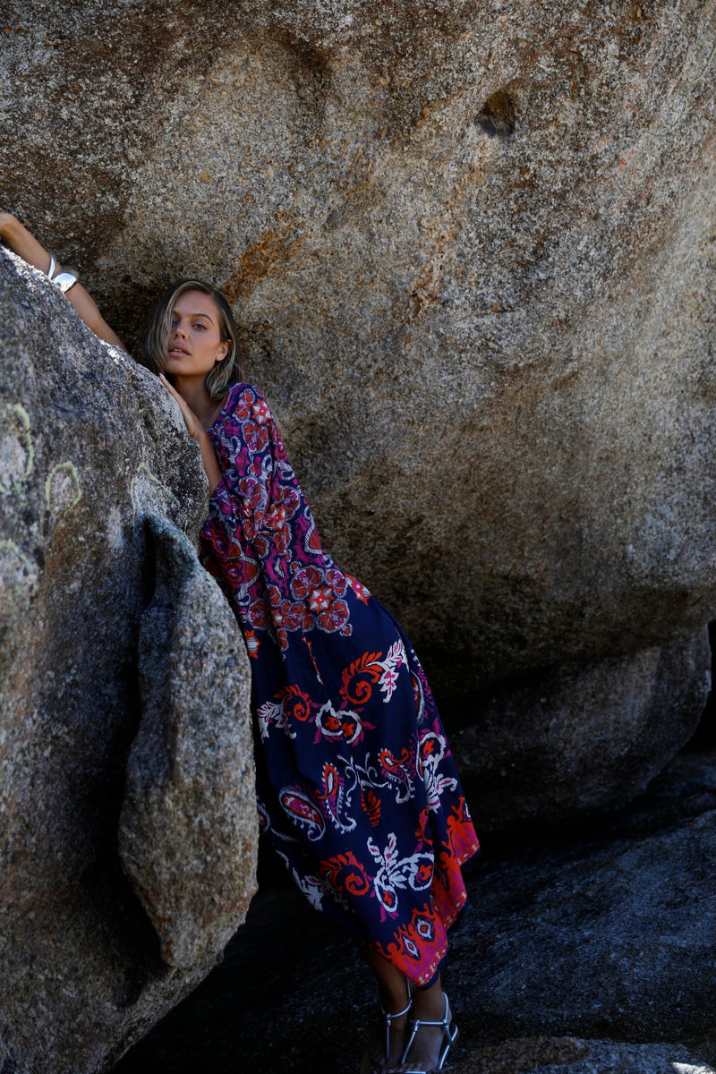 JACKIE ISOLA SUSHI VOILE MAXI DRESS in  Navy + Pink from Oneseason