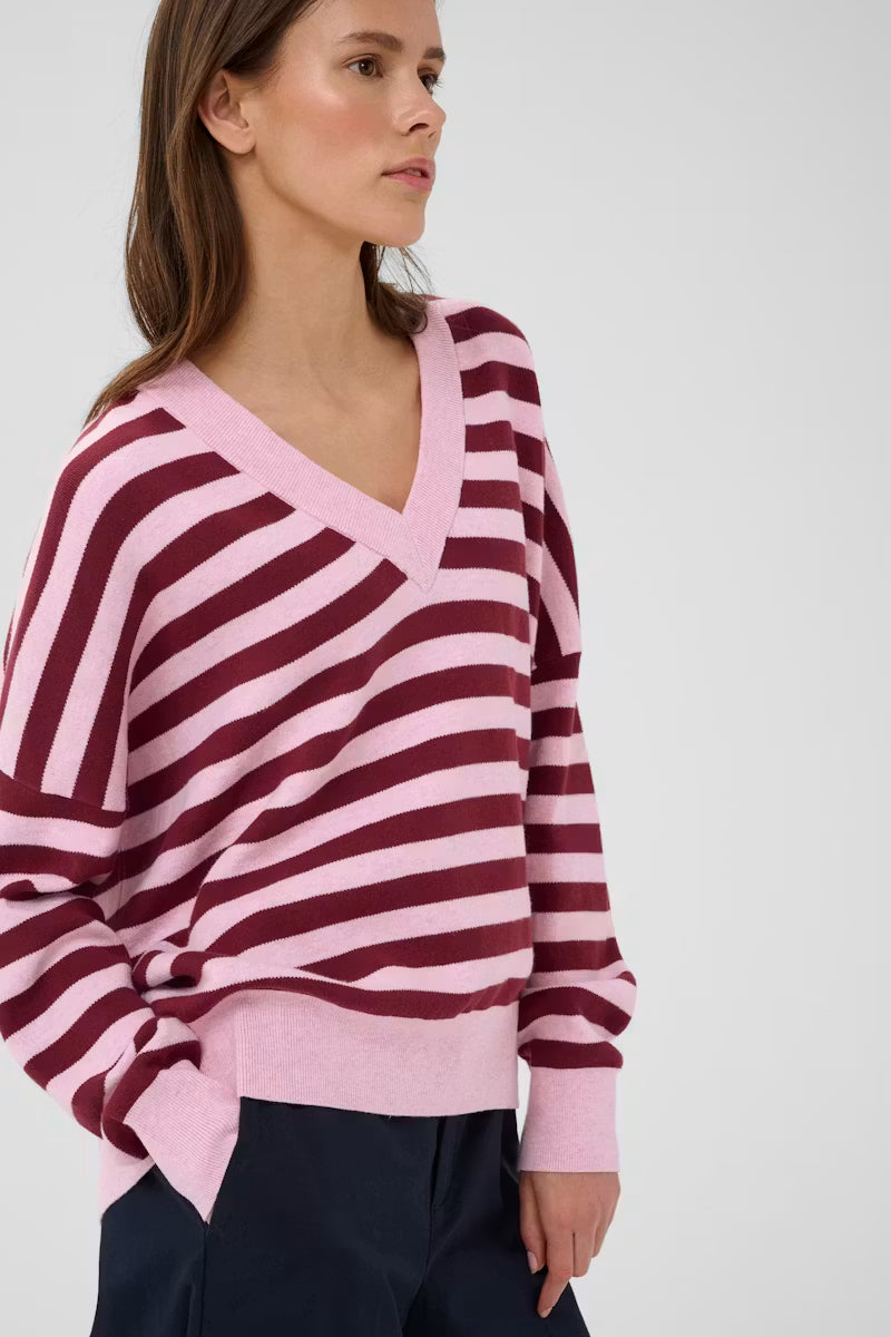FOSTERIW V NECK KNIT in Pink + Zinfandel Stripe by Inwear