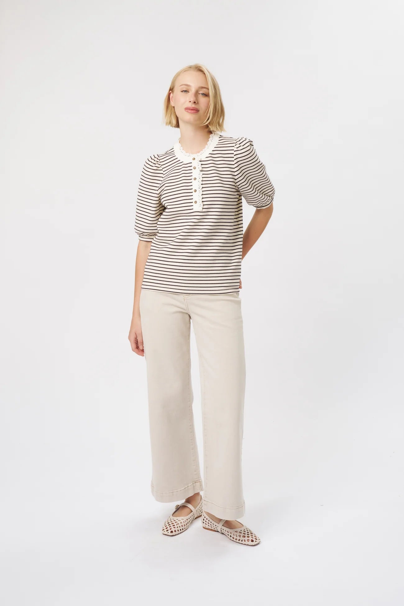 JACQUELINE TOP in White and Brown Stripe by Kireina 